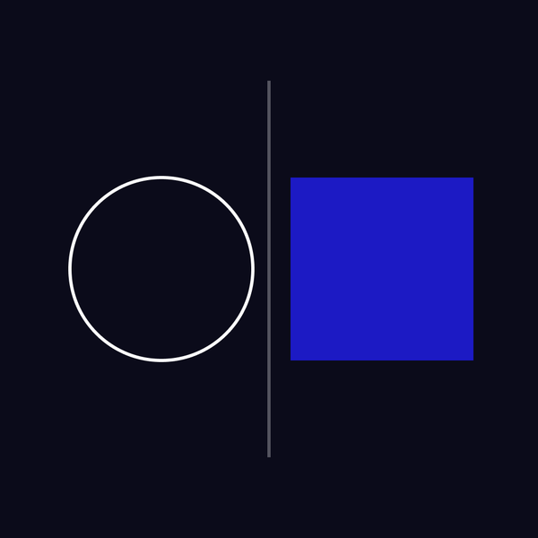 An outlined white circle and a solid blue square on either side of a thin line on a dark ground