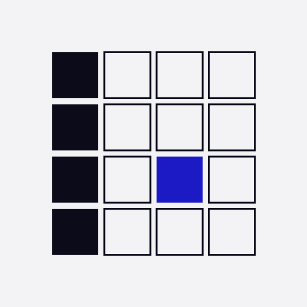 A four by four grid of squares like a content table, the first column solid black and one cell blue