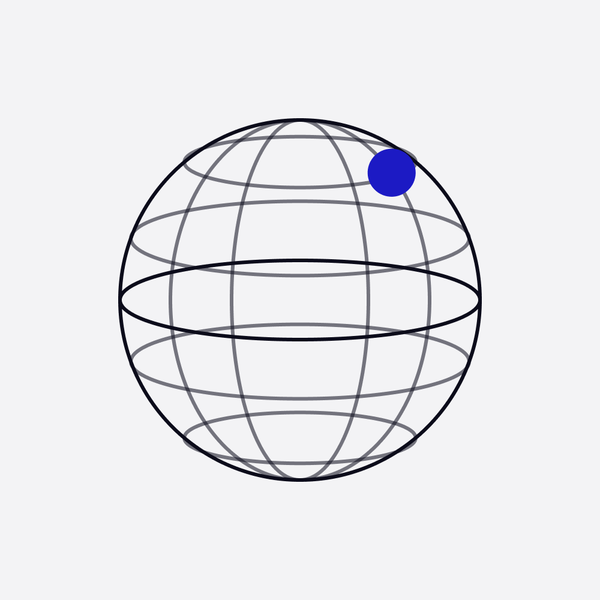 A wireframe sphere of thin rings with one blue dot on its surface, like a 3D WebGL scene