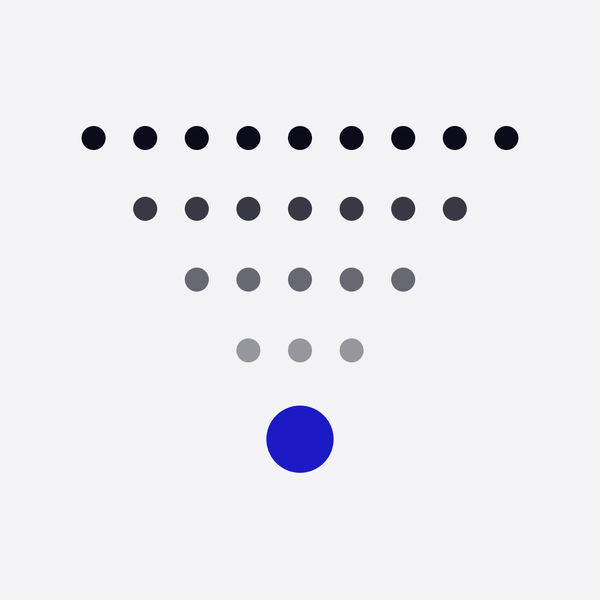 Rows of dots narrowing from nine to three and ending in one blue dot, like a conversion funnel