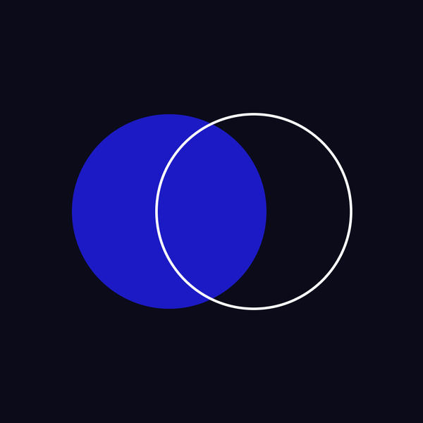 Two overlapping circles on a dark ground, one solid blue and one drawn as a white outline
