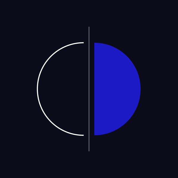An open white half-circle facing a solid blue half-circle across a thin line on a dark ground