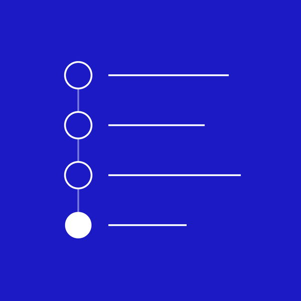 Four circles on a vertical line with a line of text beside each and the last one filled white, on a blue ground