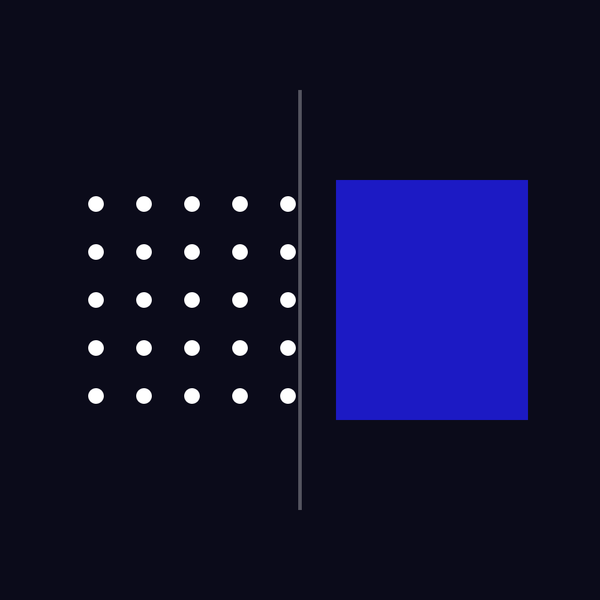 A grid of small white dots facing one solid blue block across a thin line on a dark ground