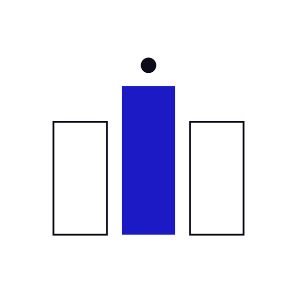 Three columns like pricing plans, the tall middle one solid blue with a dot above it
