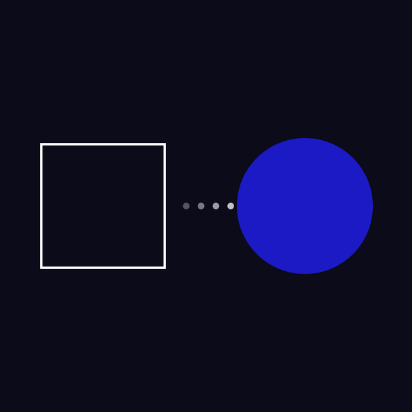 An outlined square, a short dotted path and a solid blue circle on a dark ground, a move from one form to another