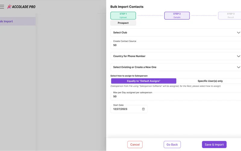 Accolade Pro bulk import, step 2: club, contact source, phone country and assignment rules