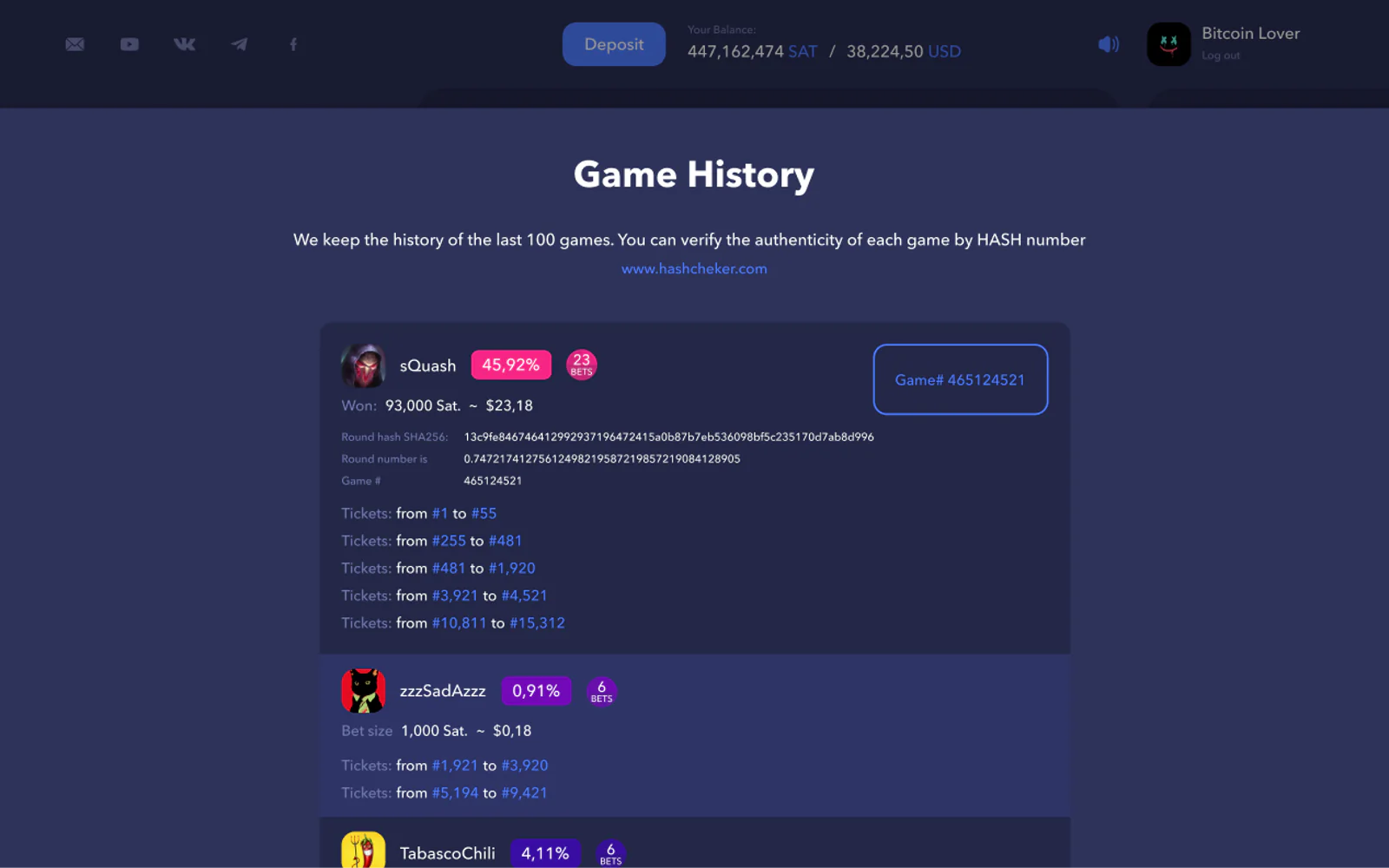 Coinroll game history with players, tickets and hash numbers