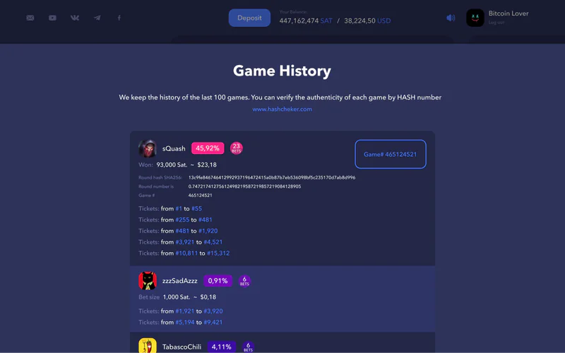Coinroll game history with players, tickets and hash numbers