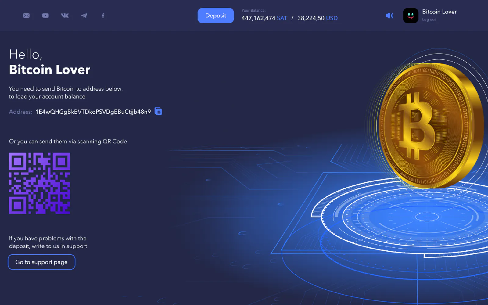 Coinroll deposit screen with a Bitcoin address and QR code