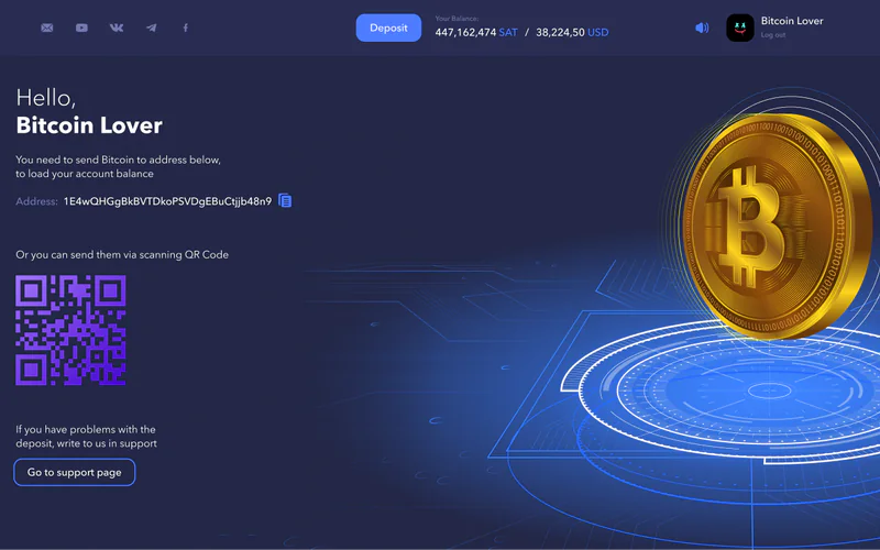 Coinroll deposit screen with a Bitcoin address and QR code