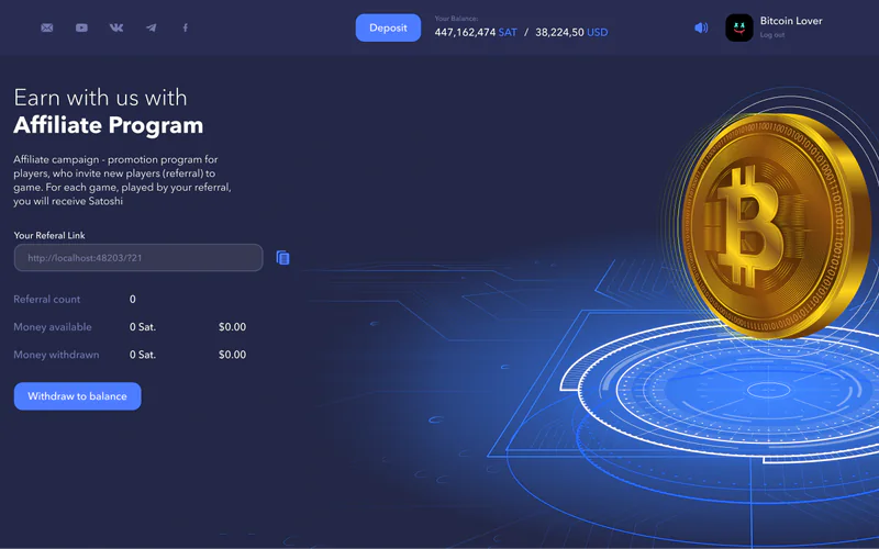 Coinroll affiliate program screen with a referral link and earnings