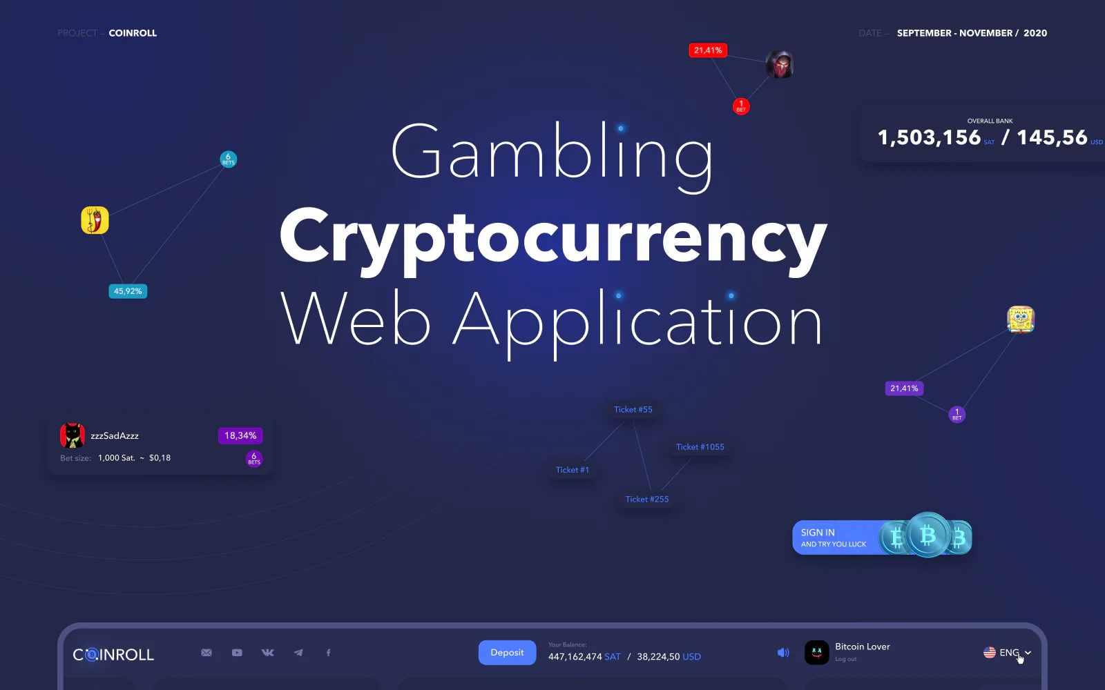 Coinroll presentation cover: gambling cryptocurrency web application, September to November 2020