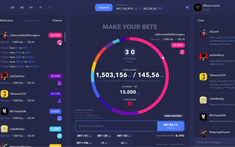 Coinroll game round with the bets ring, a 30 second timer, players and their chances, and the chat