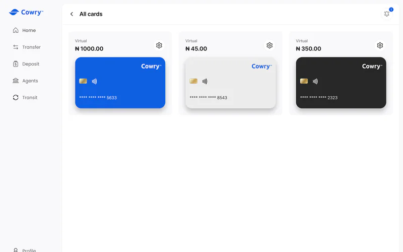 Cowry web dashboard with three naira cards in blue, white and black