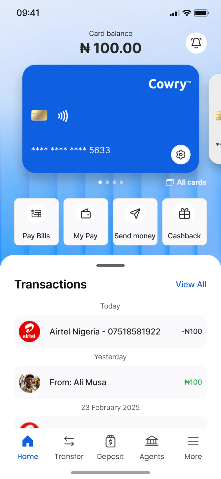 Cowry mobile home with the card balance, quick actions and transactions
