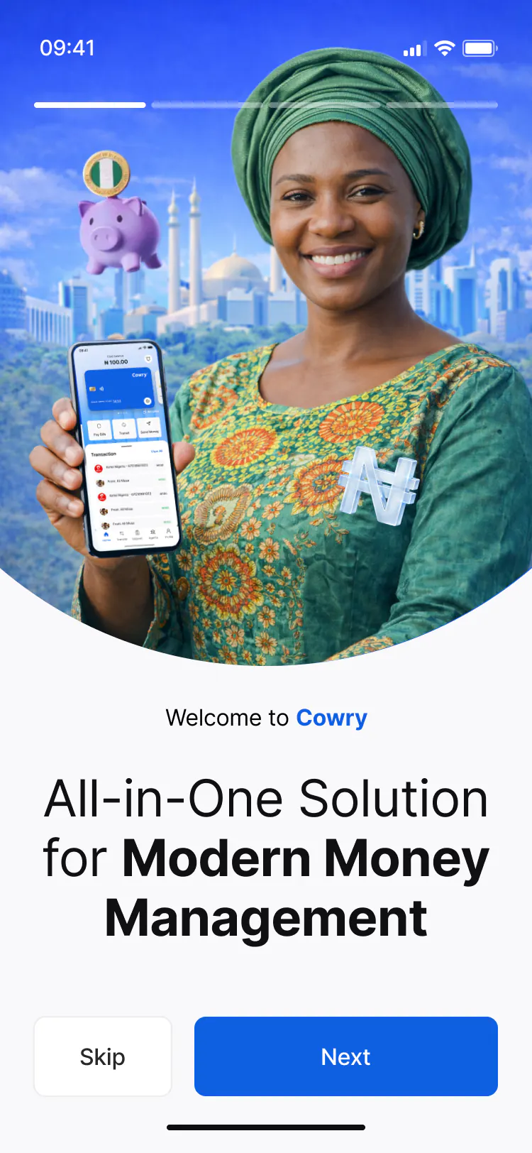 Cowry mobile onboarding screen: all-in-one solution for modern money management