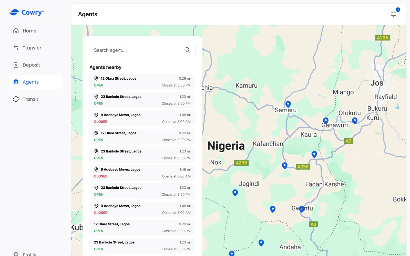 Cowry agents screen with a list of nearby cash agents and a map of Nigeria