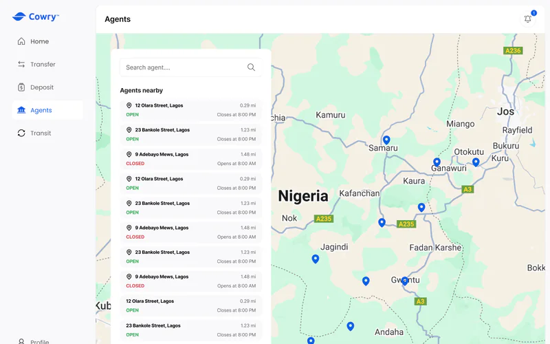 Cowry agents screen with a list of nearby cash agents and a map of Nigeria
