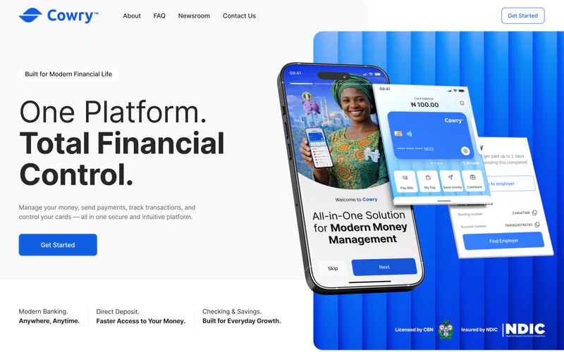 Cowry website hero: One Platform. Total Financial Control, with the mobile app on a phone