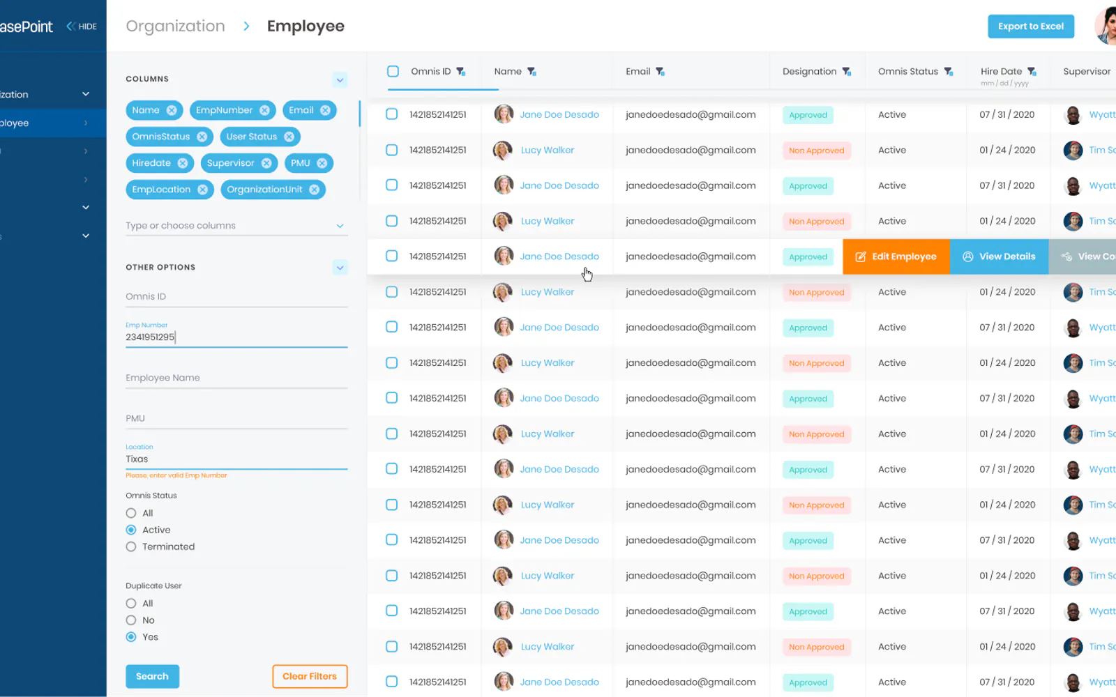 GEMS employee list with filter chips, search options and a row action menu