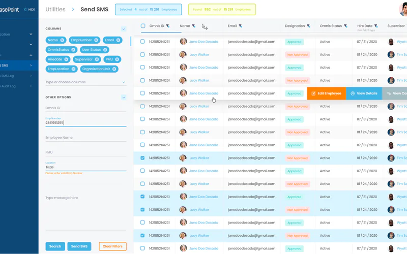 GEMS send SMS screen with selected employees and a message field
