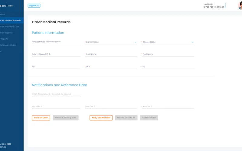 RPNet form to order medical records with patient and reference data