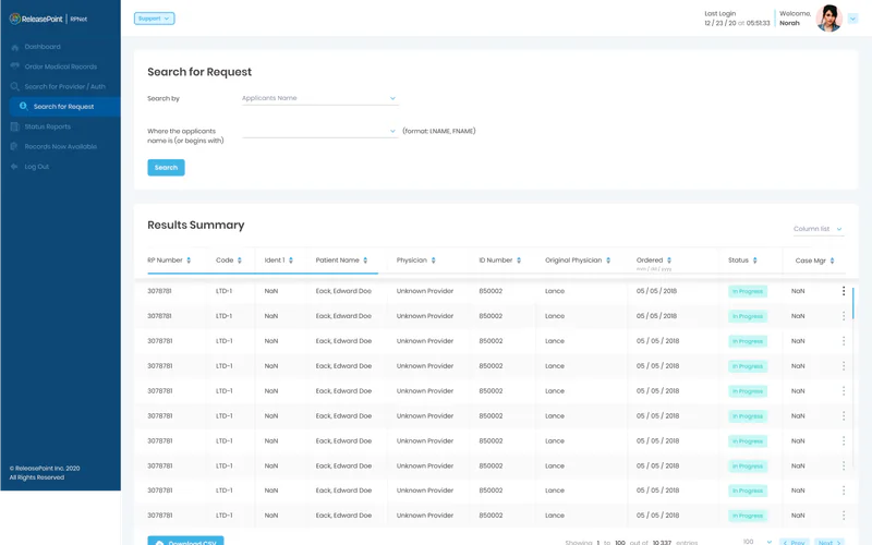 RPNet search for a request by applicant name with a results summary table