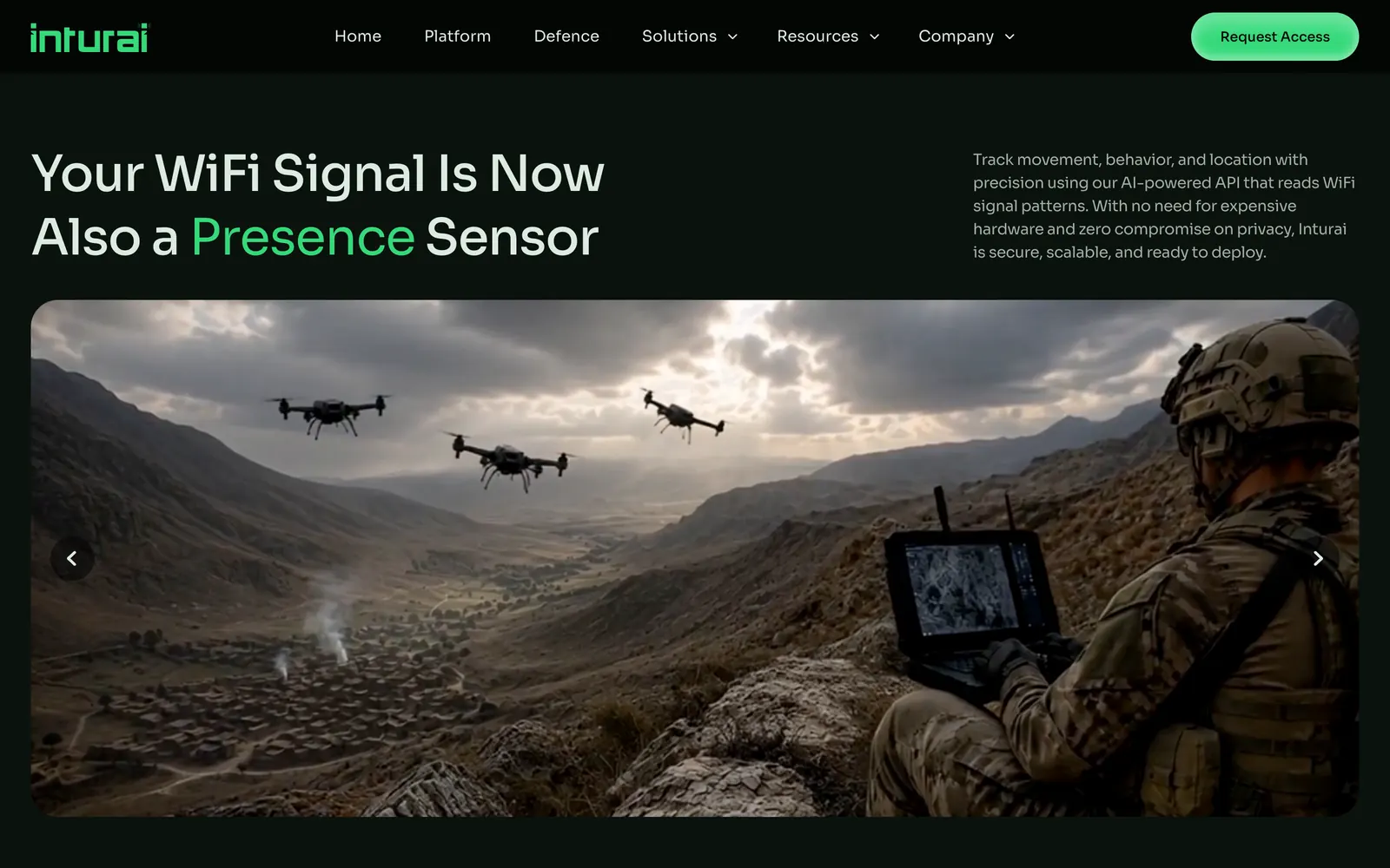 Inturai home page: the headline Your WiFi Signal Is Now Also a Presence Sensor, over a photo of drones and an operator with a laptop