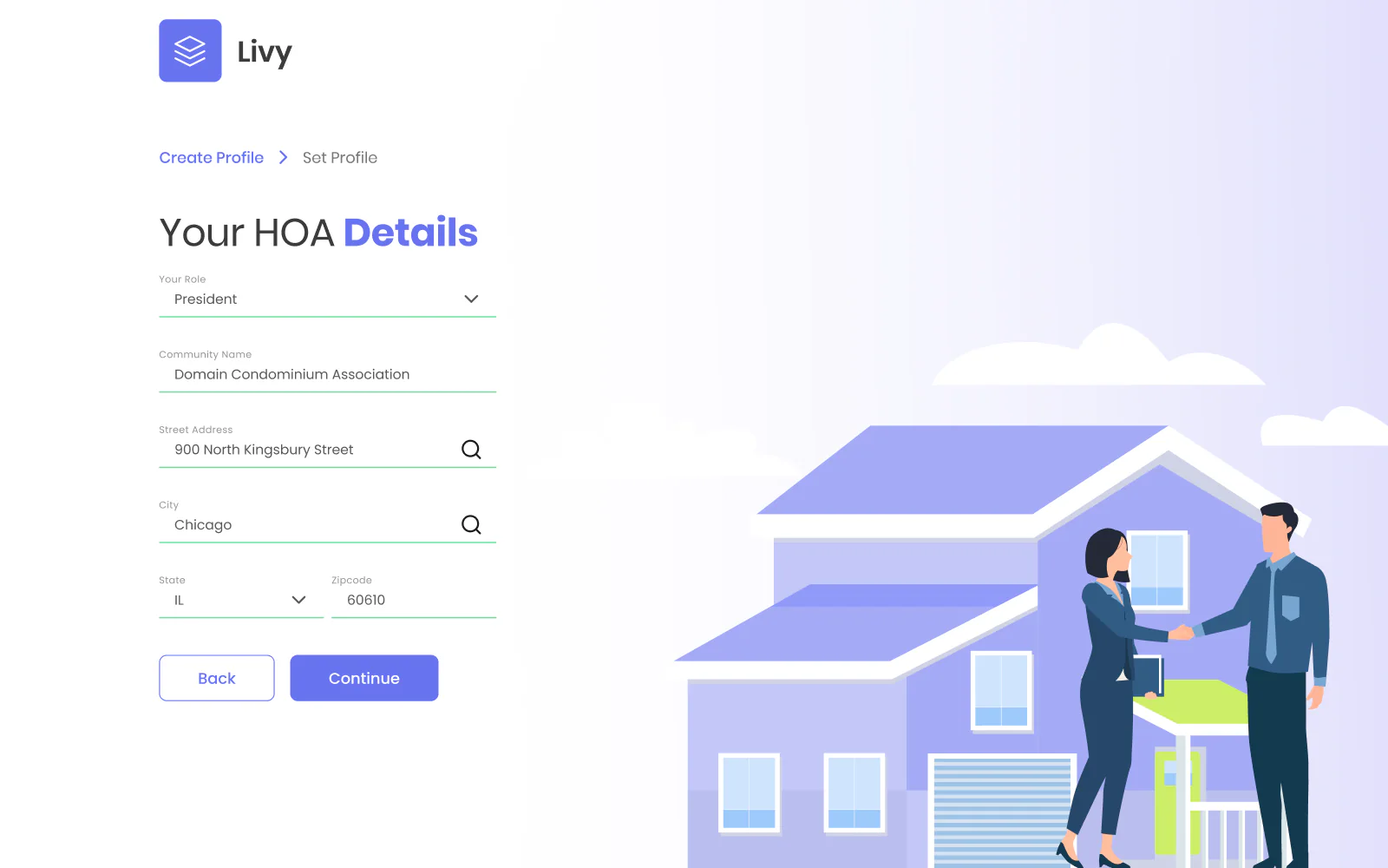 LIVY onboarding step asking for the HOA role, community name and address