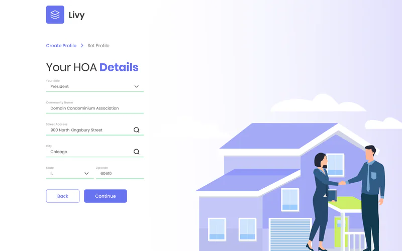 LIVY onboarding step asking for the HOA role, community name and address
