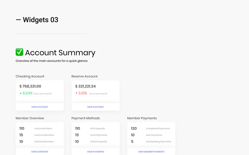 LIVY widget specification for the account summary, member overview and payments