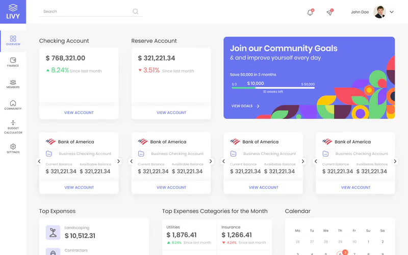 LIVY dashboard with checking and reserve accounts, community goals and bank account cards for an HOA