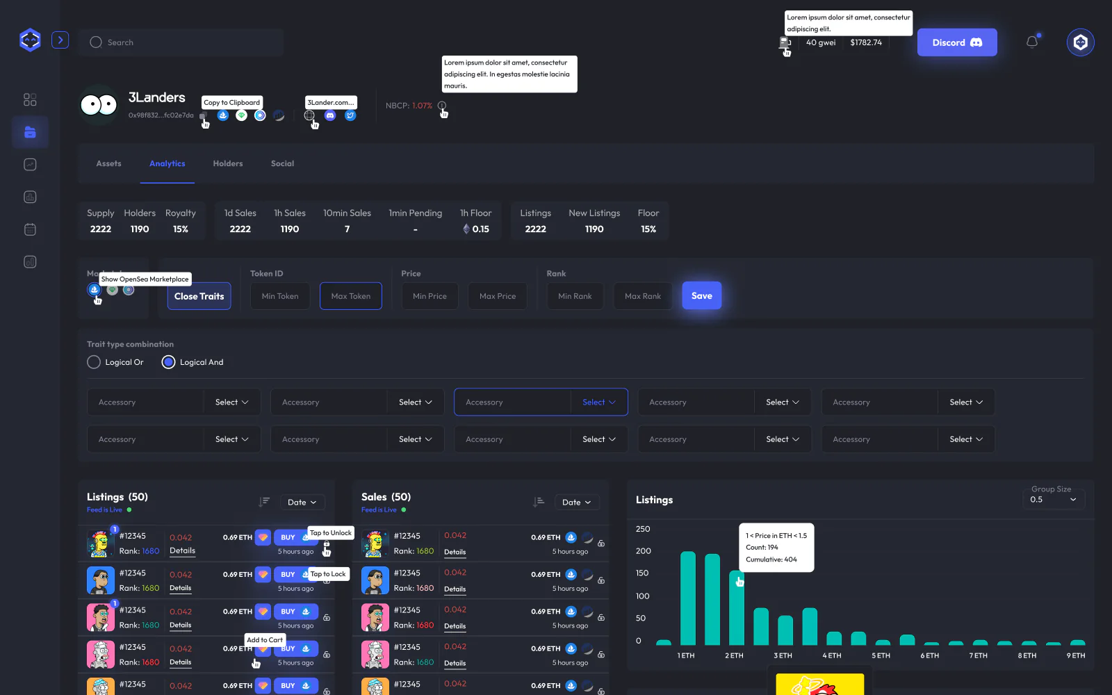 NFTbots analytics dashboard with trait filters, listings, sales and a listings chart