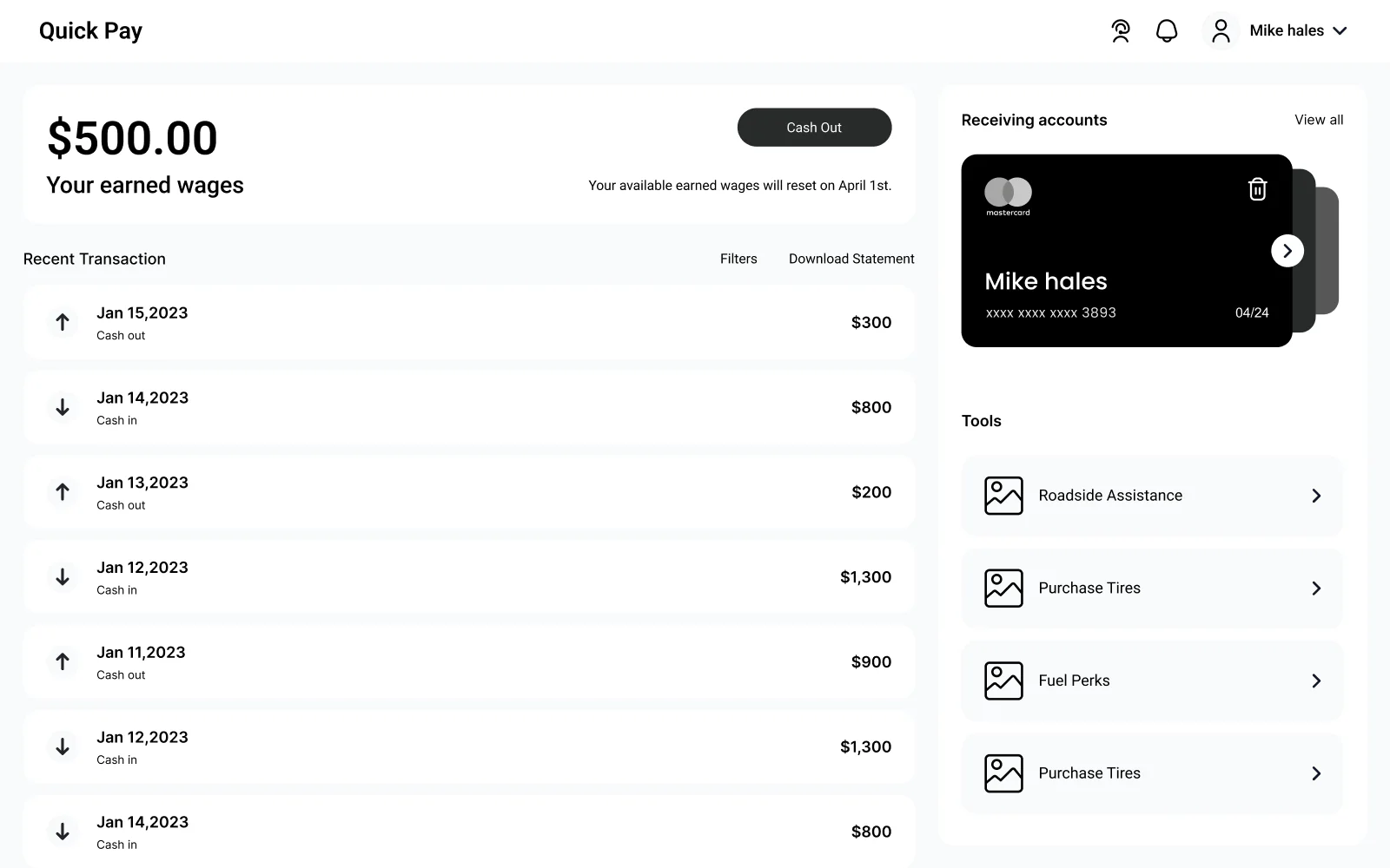 QuickQuick Pay web dashboard with earned wages, recent transactions, a card and tools