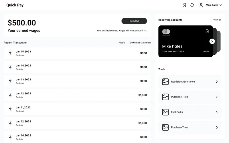 QuickQuick Pay web dashboard with earned wages, recent transactions, a card and tools