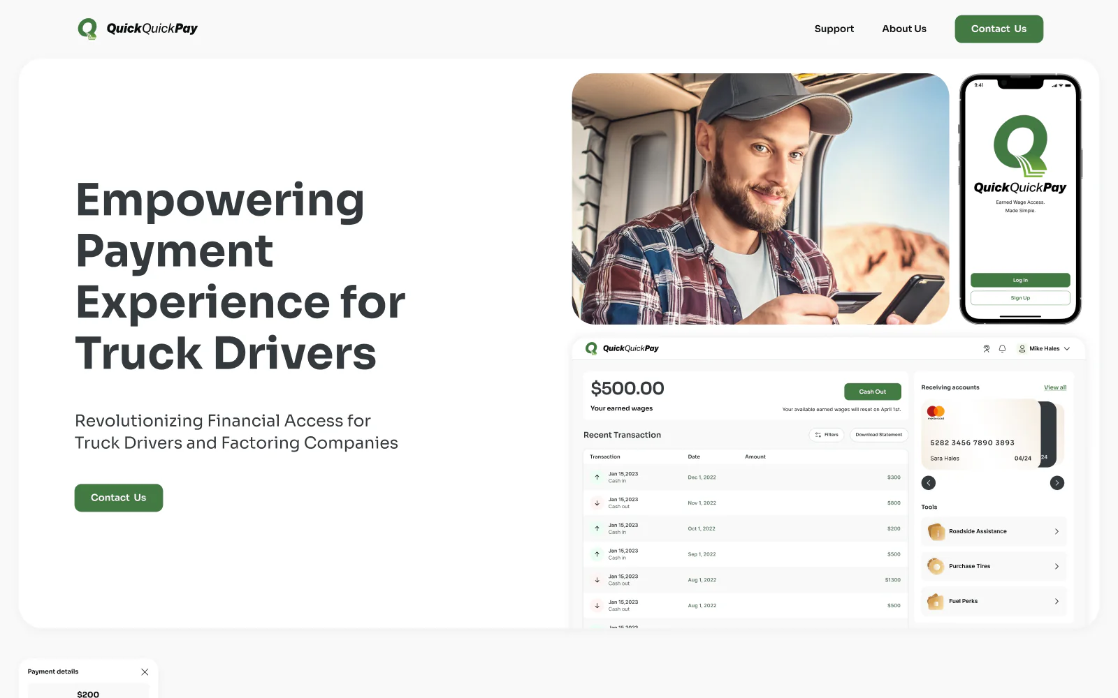 QuickQuick Pay website hero: empowering payment experience for truck drivers, with the app and dashboard