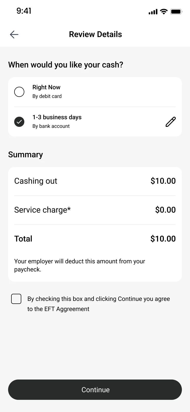 QuickQuick Pay review screen with payout timing and the summary