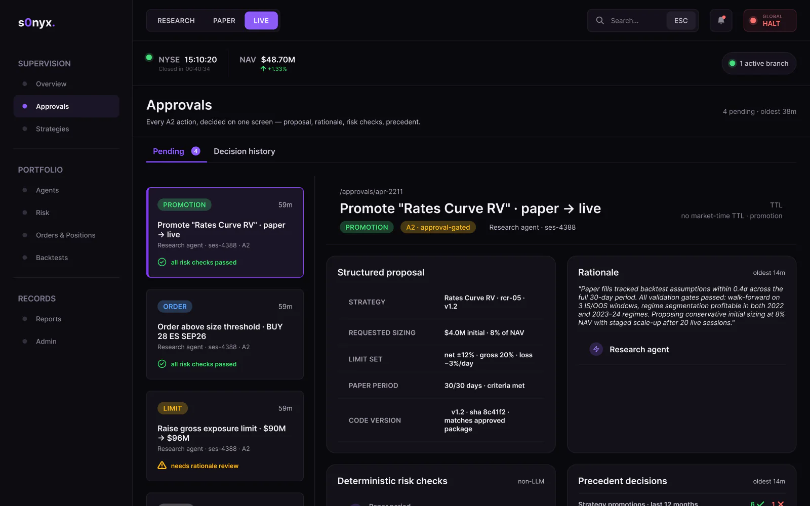 s0nyx approvals queue with a structured proposal to promote a strategy from paper to live