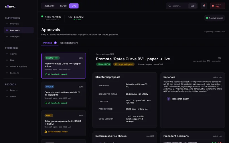 s0nyx approvals queue with a structured proposal to promote a strategy from paper to live