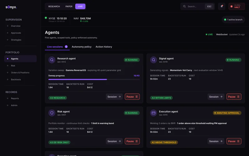 s0nyx live agent sessions: research, signal, risk and execution agents with pause buttons