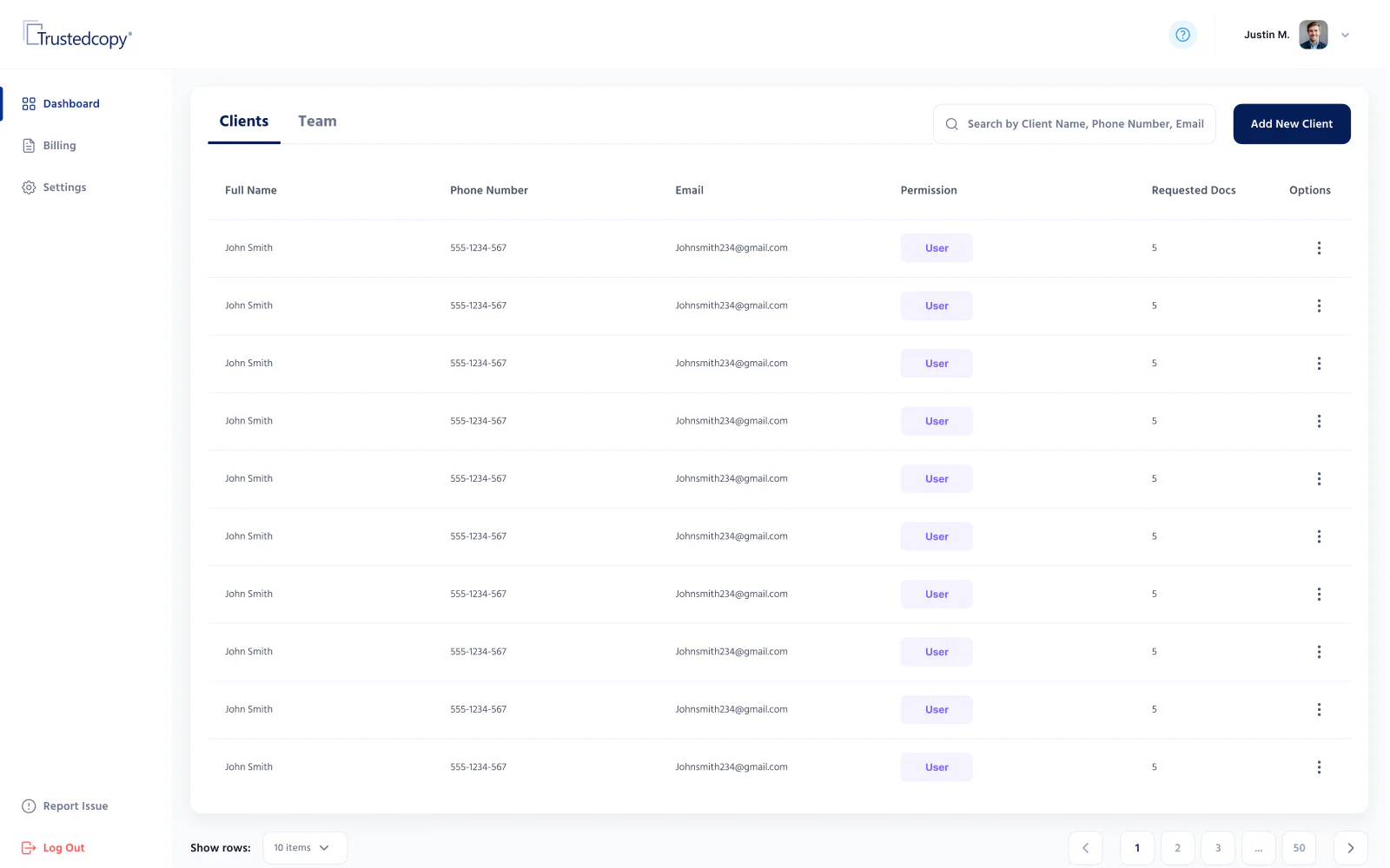 Trustedcopy organization dashboard with the client list and requested documents