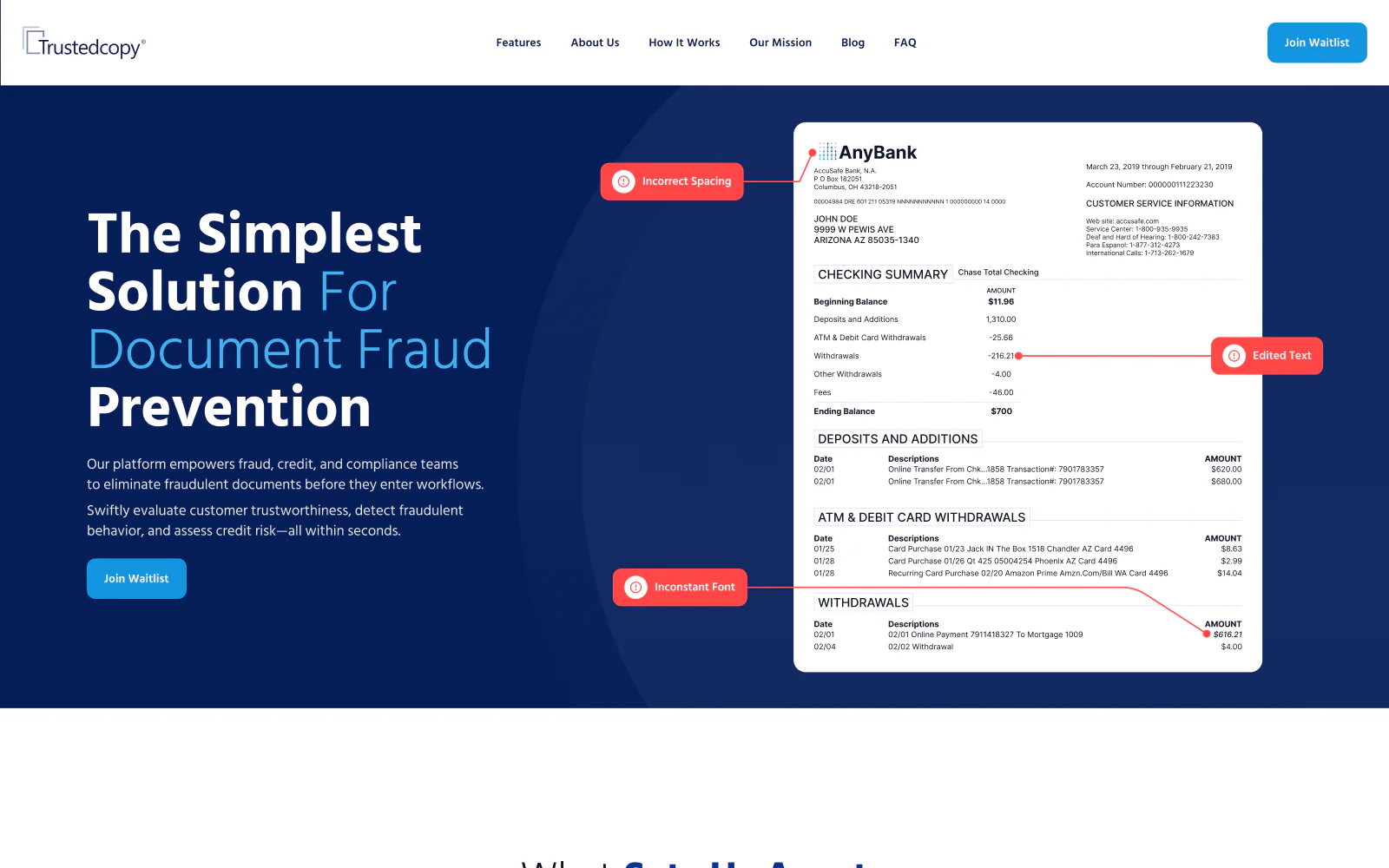 Trustedcopy landing page hero about document fraud prevention, with a bank statement showing edited fields
