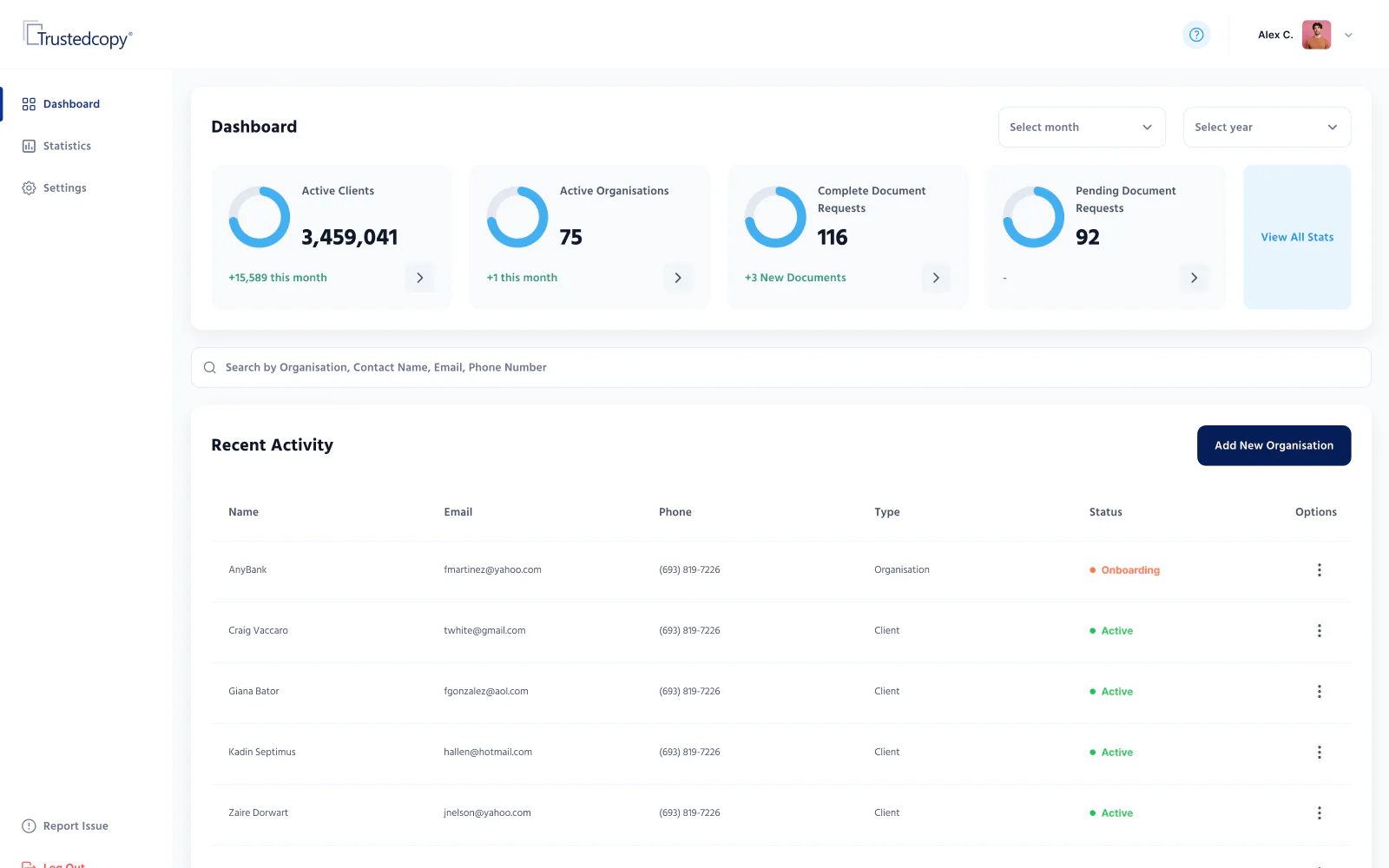 Trustedcopy superadmin dashboard with active clients, organizations and document requests