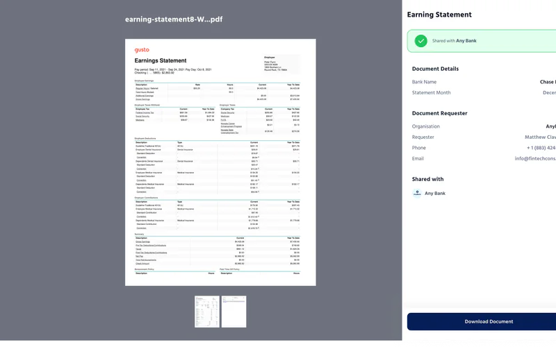 Trustedcopy document details with an earnings statement preview and who requested it