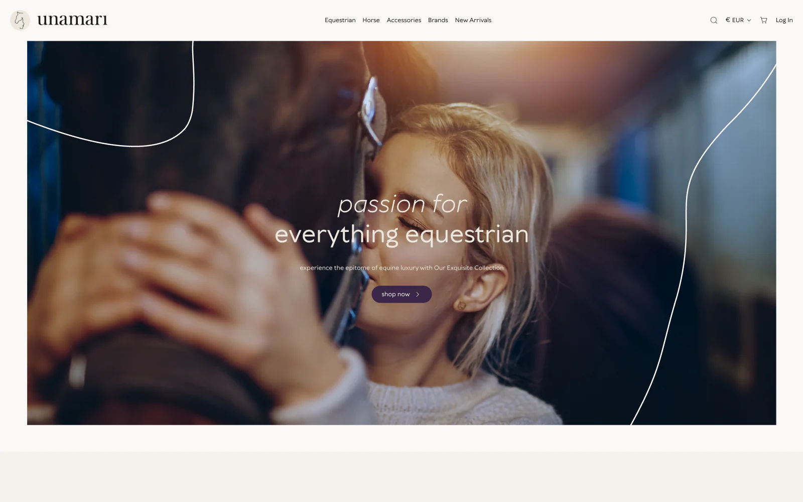 Unamari home page hero: passion for everything equestrian, a rider with her horse
