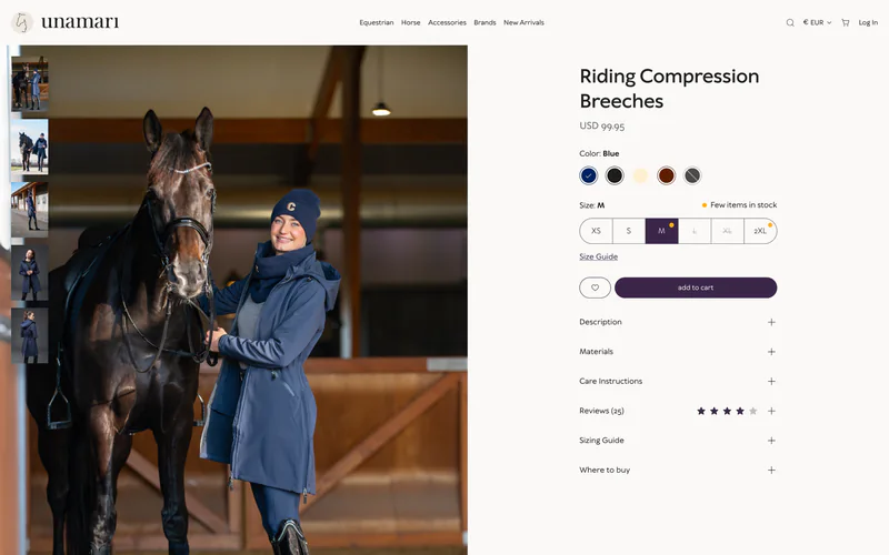 Unamari product page for riding compression breeches with colours and sizes